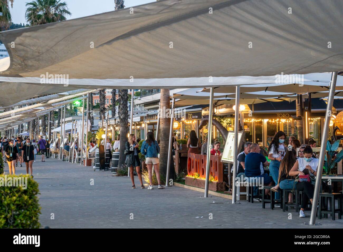 Restaurants and der Paseo de la Forala, Promenade, Blaue Stunde,  Malaga, Costa del Sol, Provinz Malaga, Andalusien, Spanien, Europa, Stock Photo