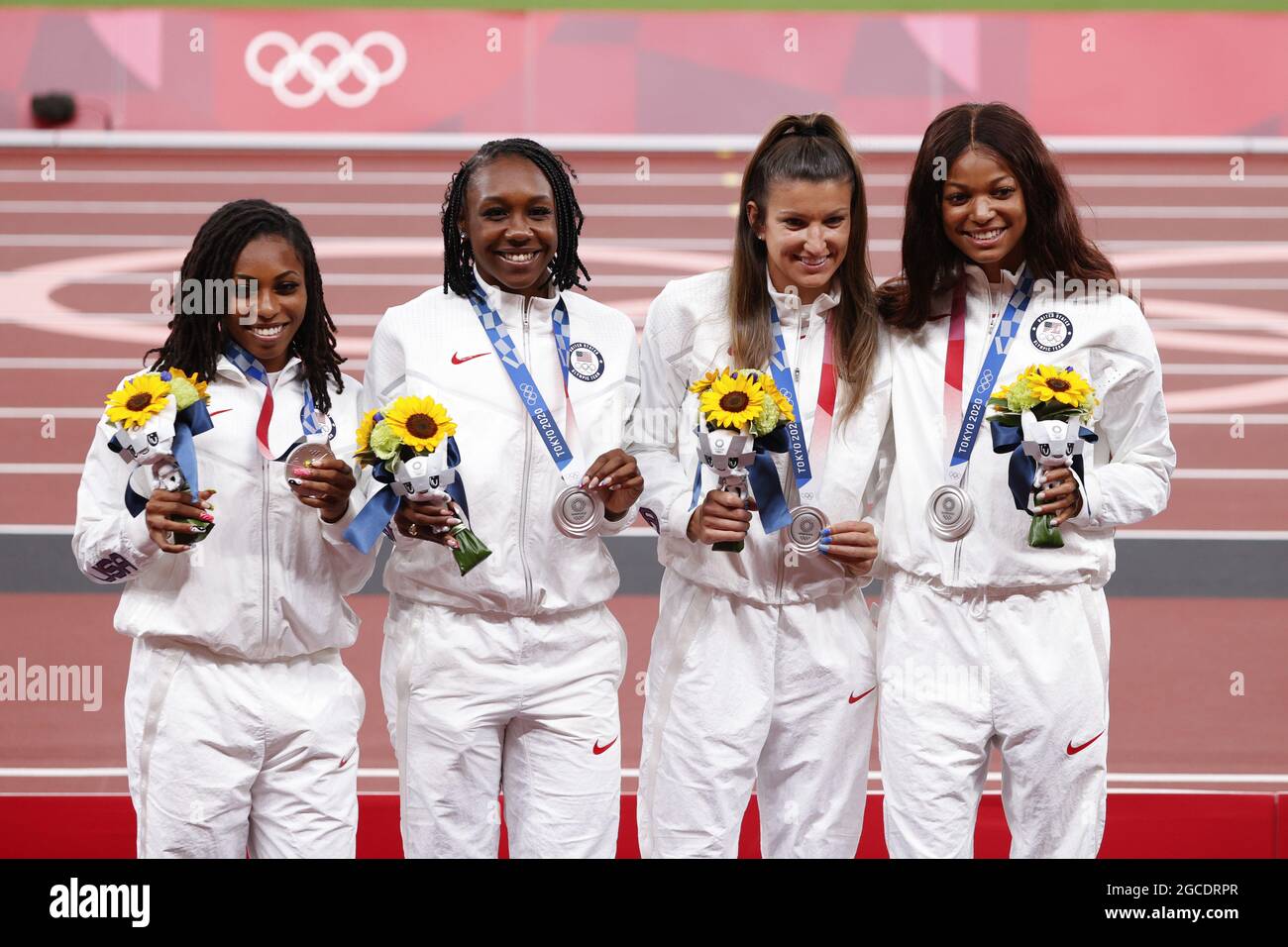 USA 2nd Silver Medal during the Olympic Games Tokyo 2020, Athletics Womens 4x100m Relay Medal Ceremony on August 7, 2021 at Olympic Stadium in Tokyo, Japan - Photo Yuya Nagase / Photo Kishimoto / DPPI Stock Photo