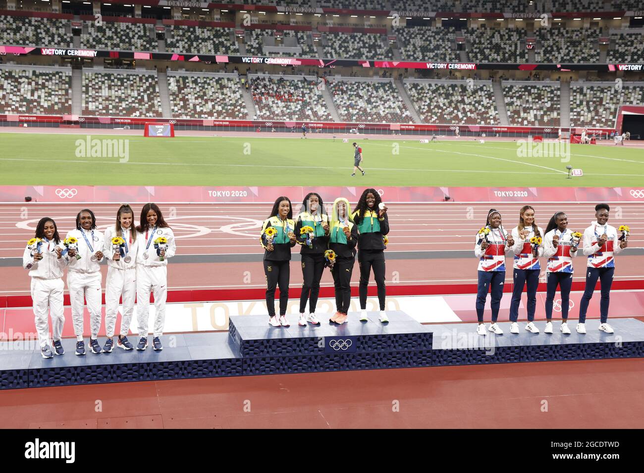 USA 2nd Silver Medal, Jamaica Winner Gold Medal, Great Britain 3rd Bronze Medal during the Olympic Games Tokyo 2020, Athletics Womens 4x100m Relay Medal Ceremony on August 7, 2021 at Olympic Stadium in Tokyo, Japan - Photo Yuya Nagase / Photo Kishimoto / DPPI Stock Photo