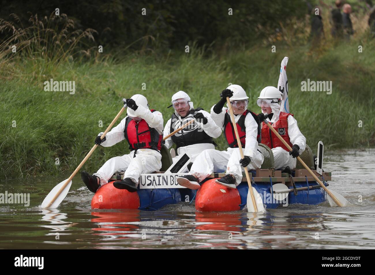 Lewes, UK. 08th Aug, 2021. Adventurous seafarers navigate along the River Ouse from Lewes to Newhaven in there self-propelled rafts on a seven-mile charity voyage. This years race theme is the Tokyo Olympics, so competitors have to be Olympic themed or be celebrating Japanese culture. A prize will be given to the fastest raft on the day. There will also be awards for the best decorated raft, the most environmentally friendly raft and the Constructors cup. Credit: James Boardman/Alamy Live News Stock Photo