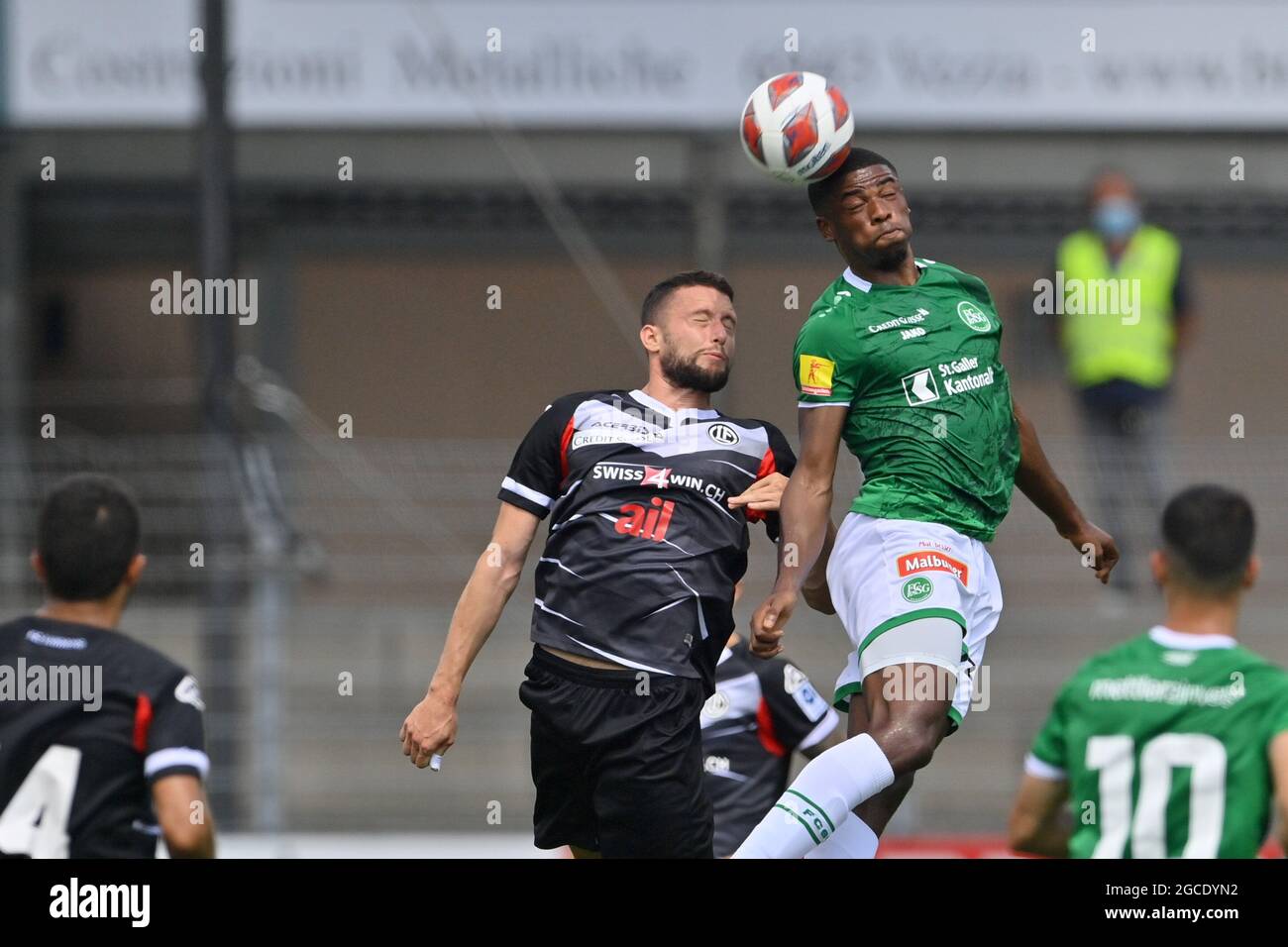 Lugano Switzerland 08th Aug 2021 Fabio Daprela 30 Fc Lugano And Kwadwo Duah 11 Fc St Gallen During The Super League Match Between Fc Lugano And Fc St Gallen At Cornaredo Stadium In Lugano