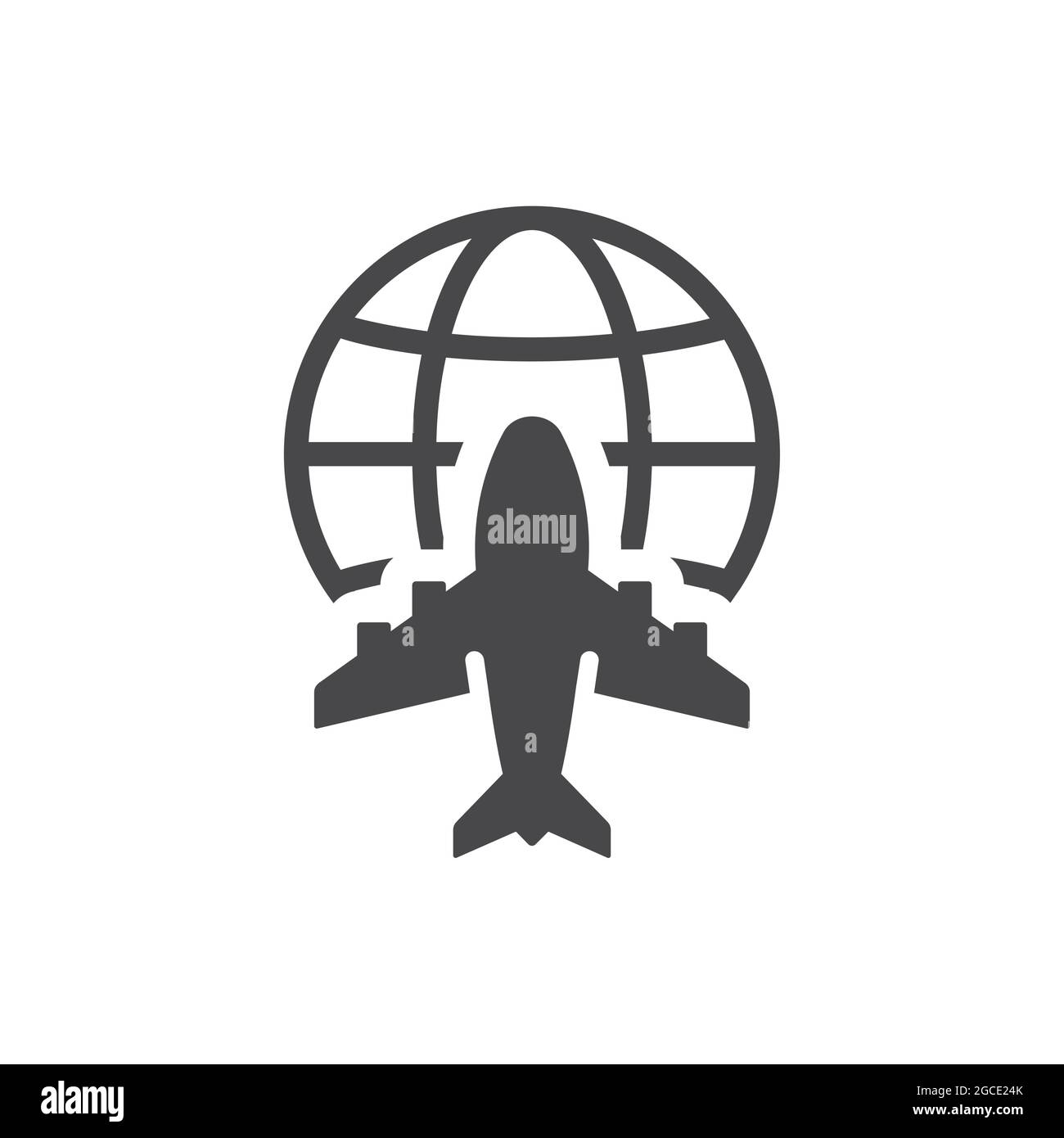 Airplane and globe black vector icon. World, global commercial airline symbol. Stock Vector