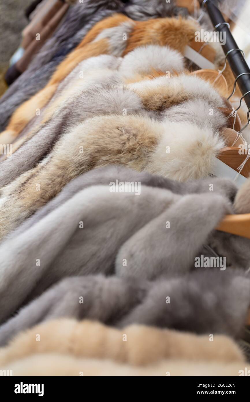 Rail of secondhand fur coats for sale in a thrift store or charity shop Stock Photo