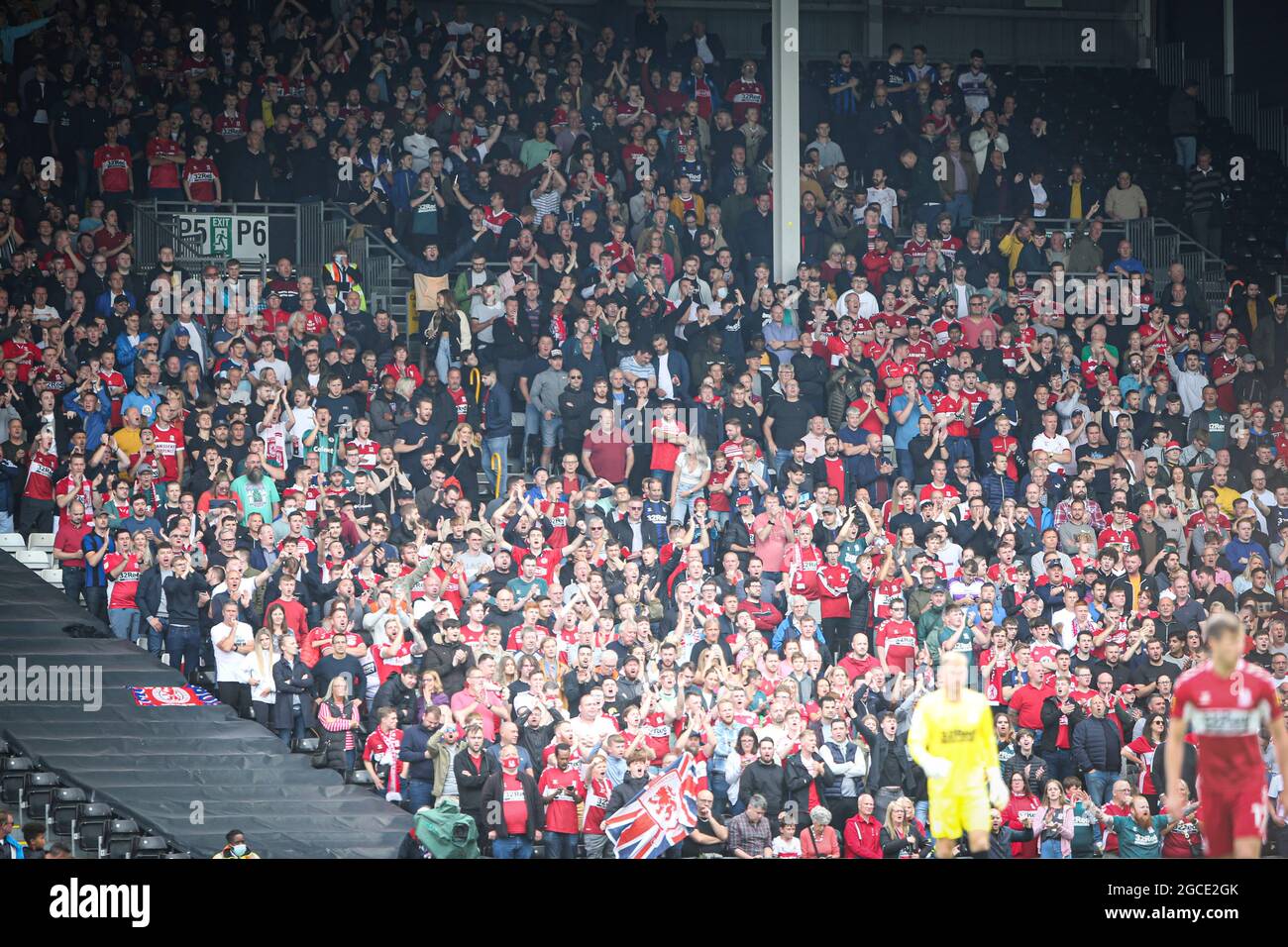 LONDON, UK. AUG 8TH Middlesbrough fans during the Sky Bet Championship match between Fulham and Middlesbrough at Craven Cottage, London on Sunday 8th August 2021. (Credit: Tom West | MI News) Credit: MI News & Sport /Alamy Live News Stock Photo