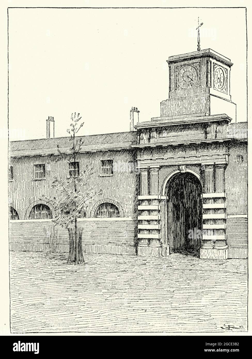 Vintage engraving of the Royal Mews, Entrance to Quadrangle, 19th Century. A Royal Mews is a mews (i.e. combined stables, carriage house and in recent Stock Photo