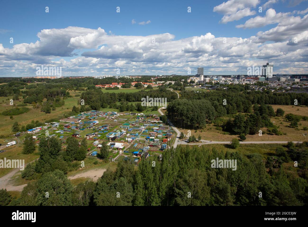 View of Ärvinge Leisure Gardens with Kista in the background. Stock Photo