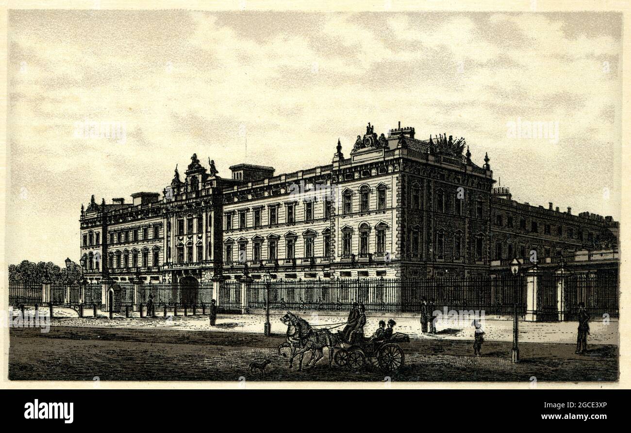 Vintage engraving of Buckingham Palace in the late 19th century. Buckingham Palace is the London residence and principal workplace of the monarchy of Stock Photo