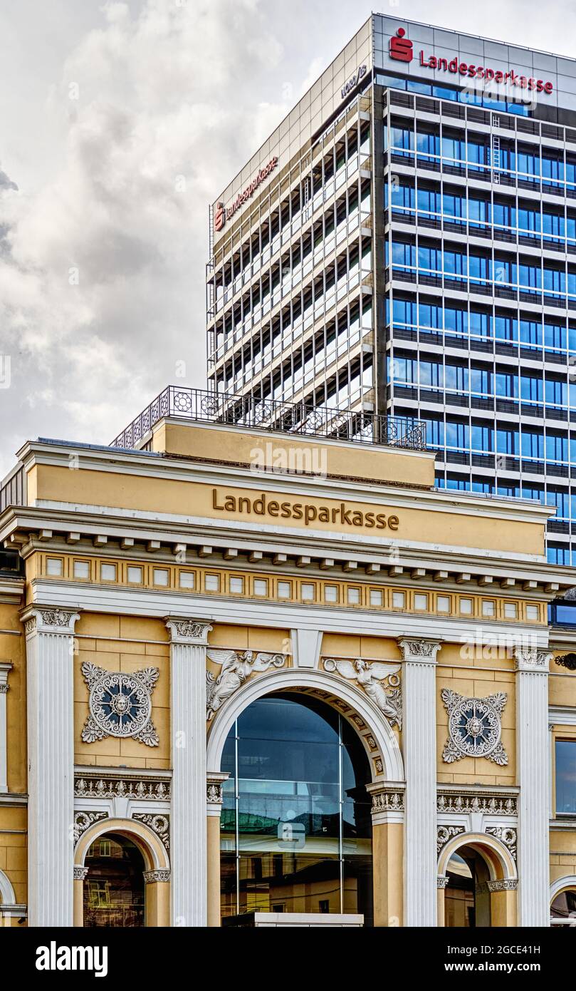 Braunschweig, Germany, August 7, 2021: Bank building, historical building of the Norddeutsche Landesbank Nord LB with the new high-rise building from Stock Photo