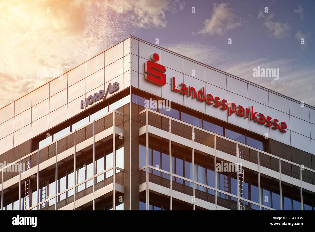 Braunschweig, Germany, August 7, 2021: Lettering and logo of the bank and savings bank Norddeutsche Landesbank Nord LB Stock Photo