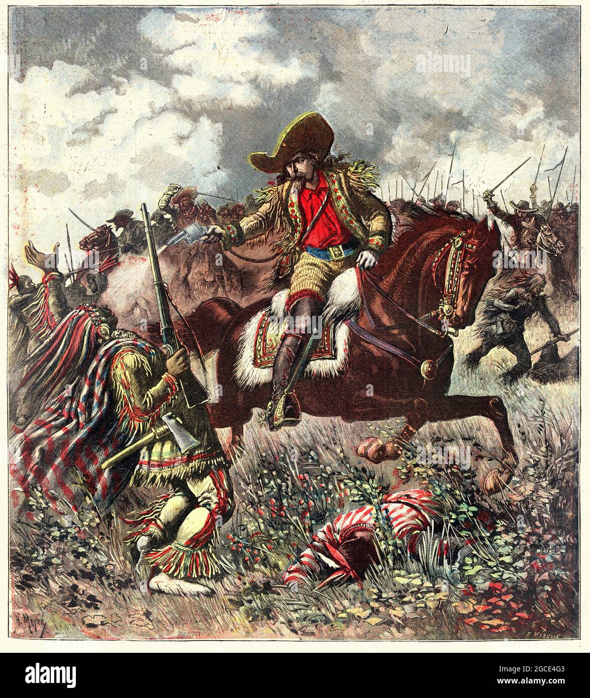 Vintage engraving of The revolt of the last Red Indians. Buffalo Bill Cody attacking Native Americans. Revolte des derniers Peaux-Rouges. Le Petit Jou Stock Photo