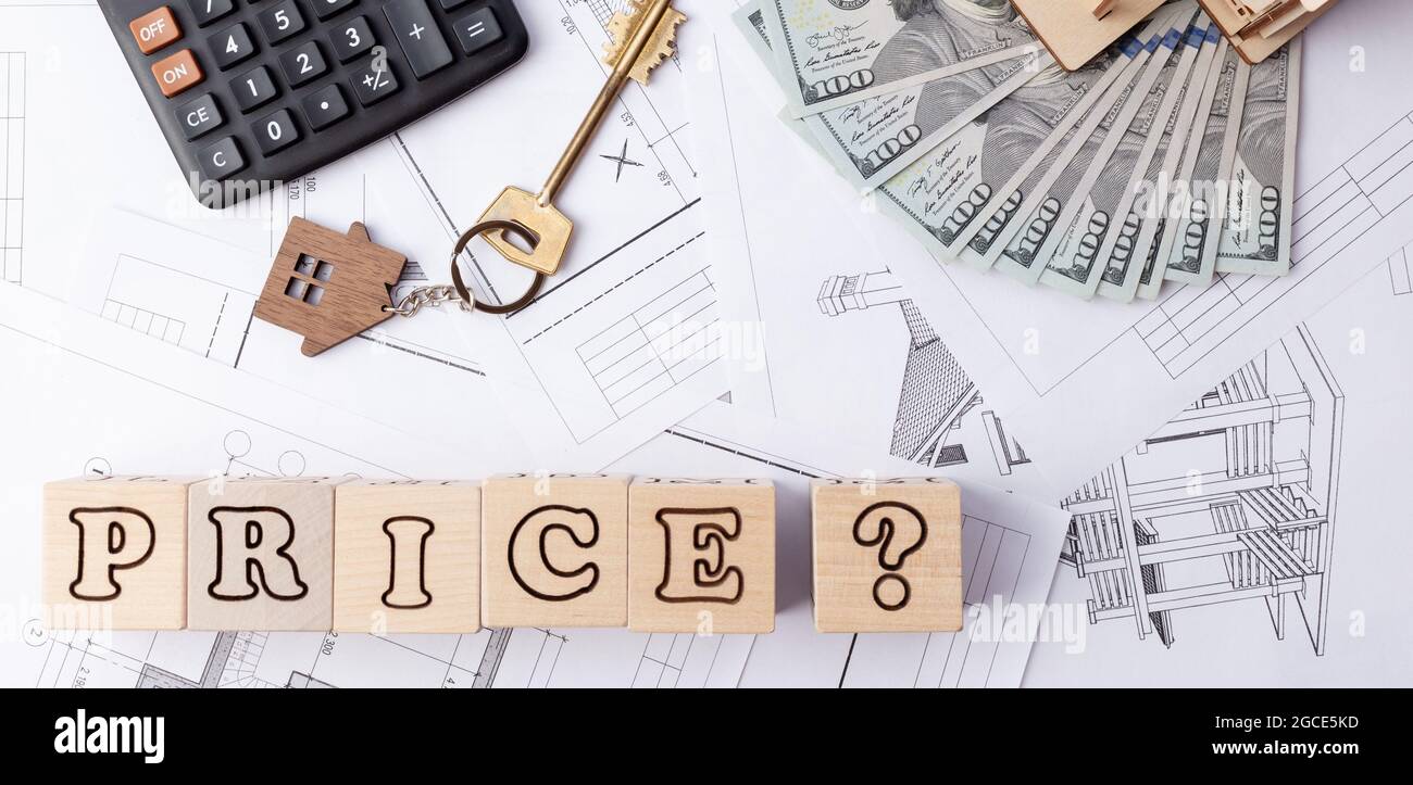 The cost of wood during construction, the price of designing a house made of wood Stock Photo