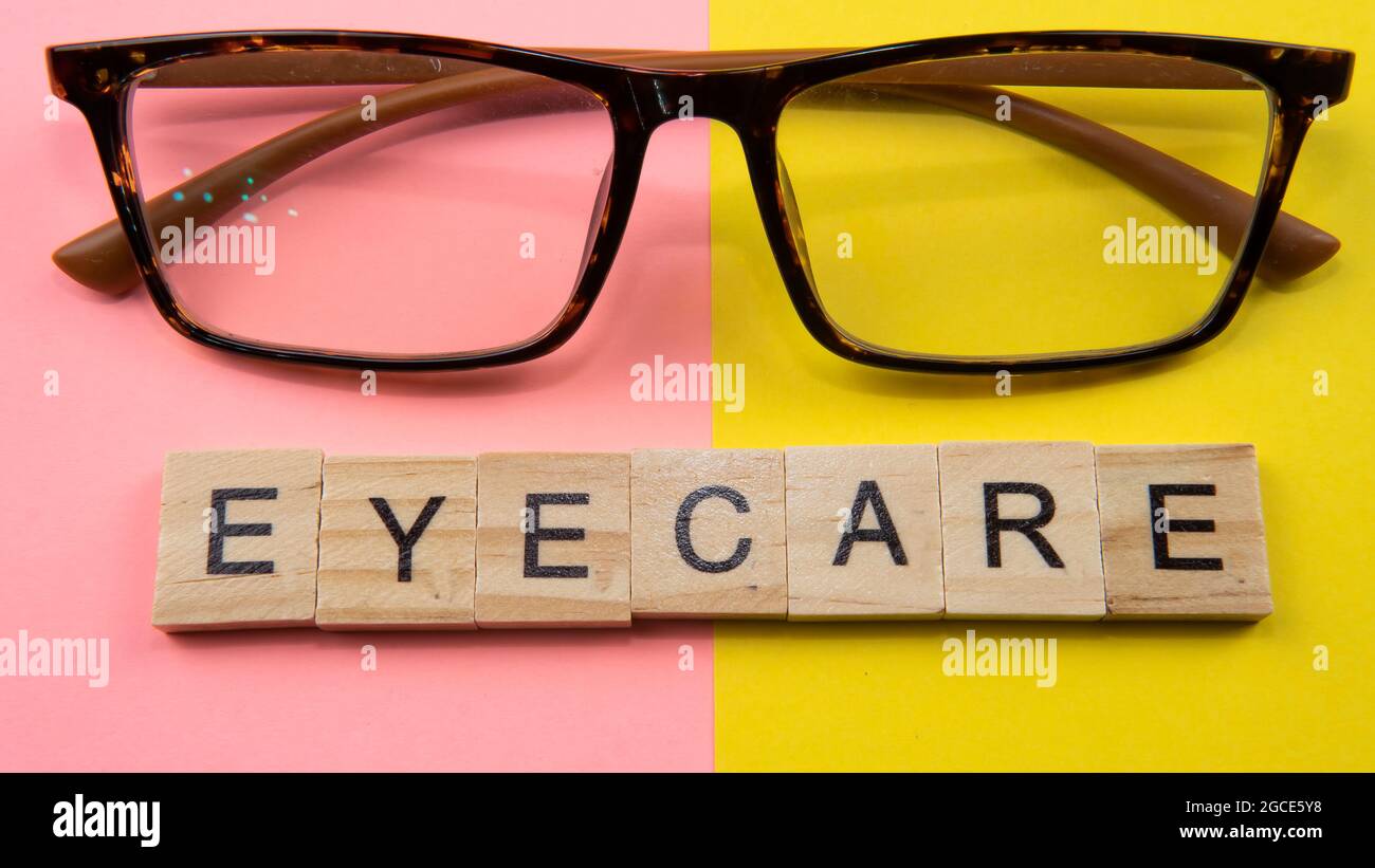 Selective focus of a text eye care. Health Eyecare concept for eye helath awareness Stock Photo
