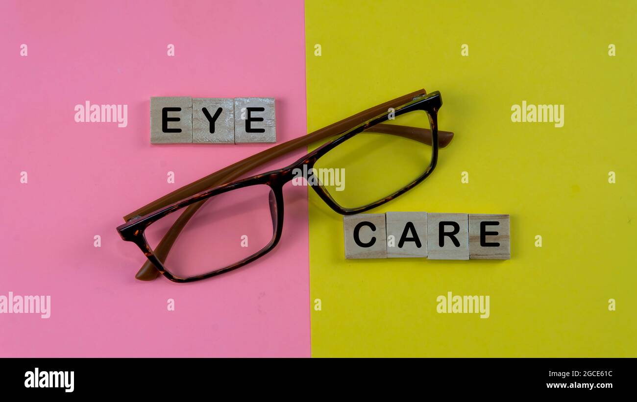 Selective focus of a text eye care. Health Eyecare concept for eye helath awareness. Stock Photo