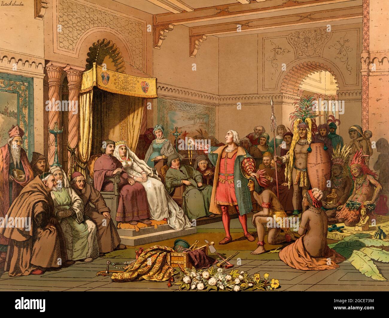 Christopher Columbus standing before King Ferdinand and Queen Isabella on his return to Spain