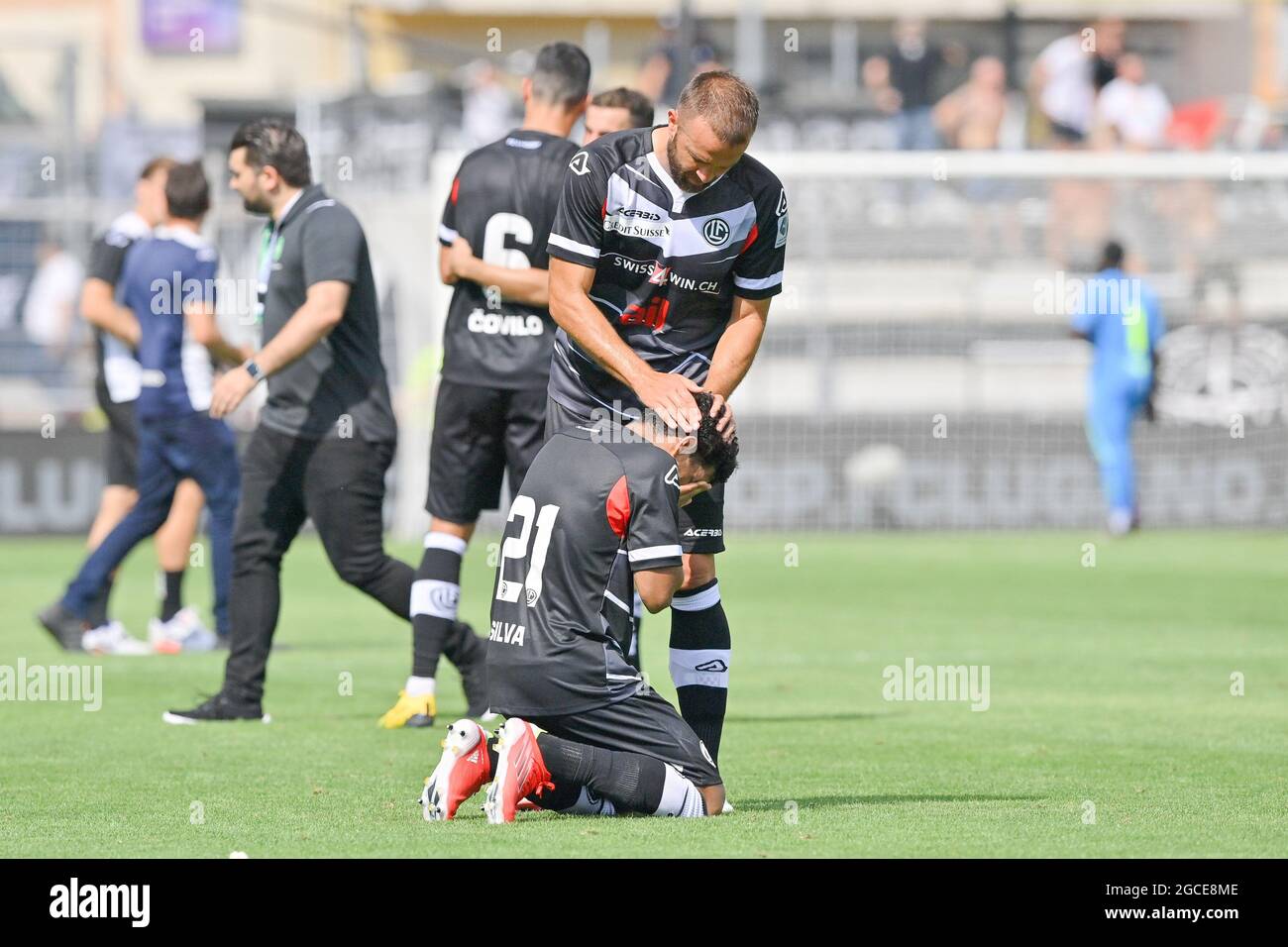 Lugano Switzerland 08th Aug 2021 Mijat Maric 5 Fc Lugano And Yuri 21 Fc Lugano After The Super League Match Between Fc Lugano And Fc St Gallen At Cornaredo Stadium In Lugano Switzerland