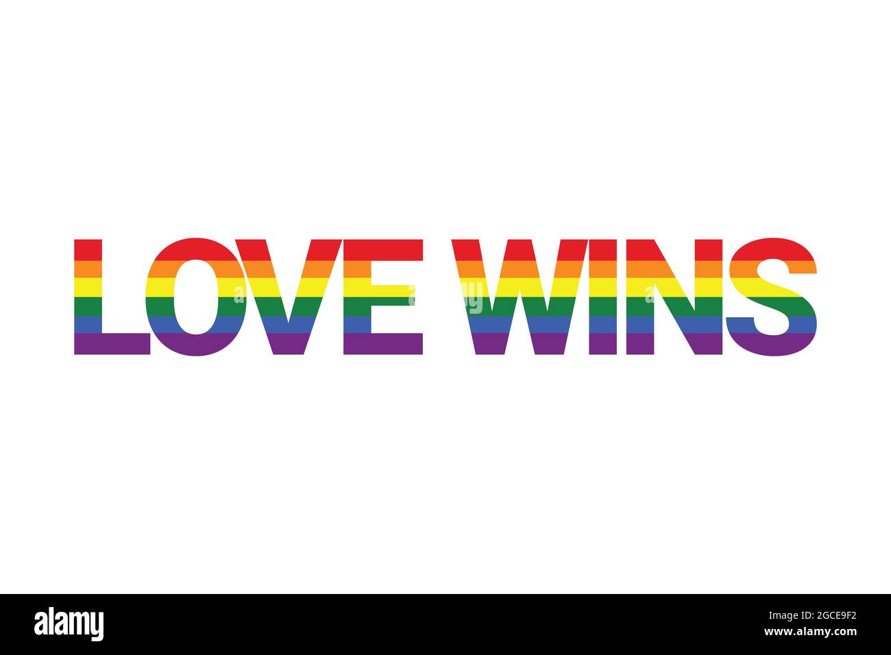 Modern, colorful, vibrant typographic graphic design of saying 'Love Wins' in rainbow flag colors. Simple, bold, vibrant and urban graphic vector art. Stock Photo