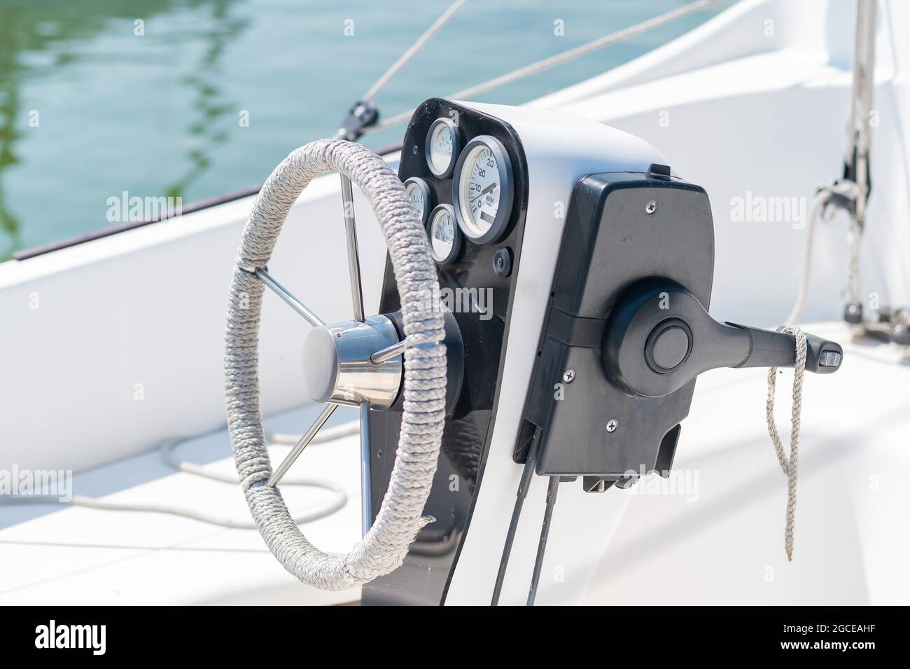 Closeup of a yacht steering wheel Stock Photo Alamy