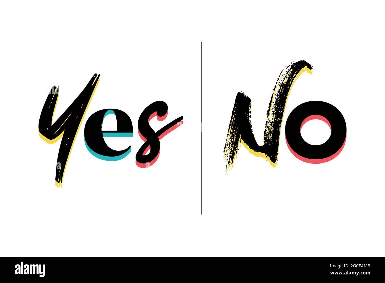 Modern, creative, colorful typographic graphic design of a word 'Yes, No' in yellow, red, blue and black colors. Vibrant, urban, cool, trendy graphic Stock Photo