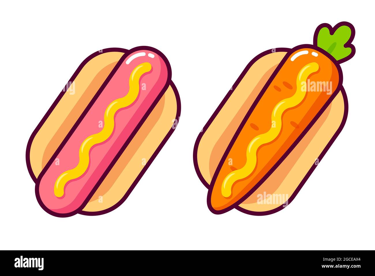 Cartoon hot dog icon, vegan carrot in bun and sausage with mustard. Funny veggie hotdog. Vector clip art illustration. Stock Vector