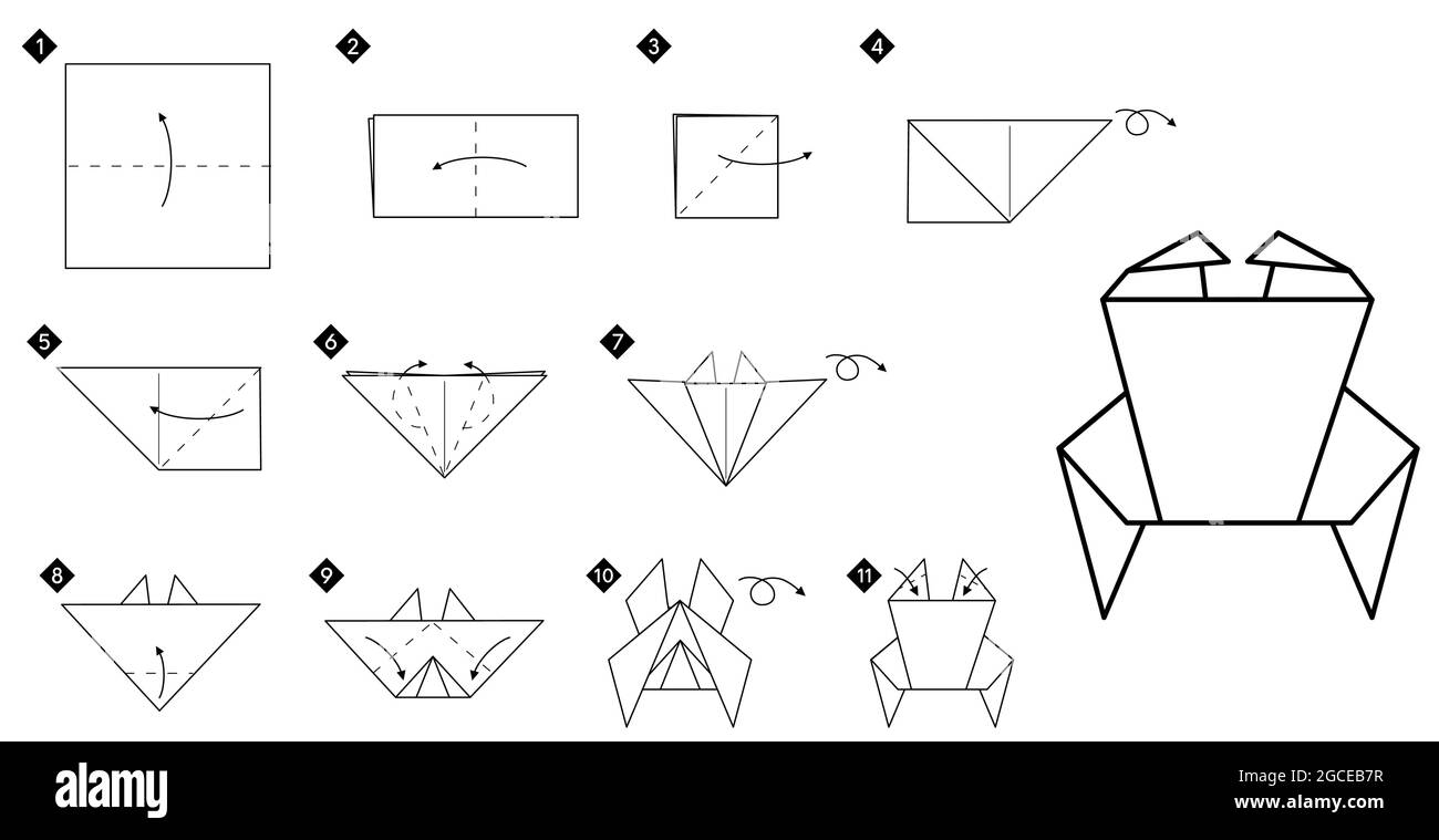 How to make origami crab. Step by step instruction. Outline monochrome vector illustration. Stock Vector