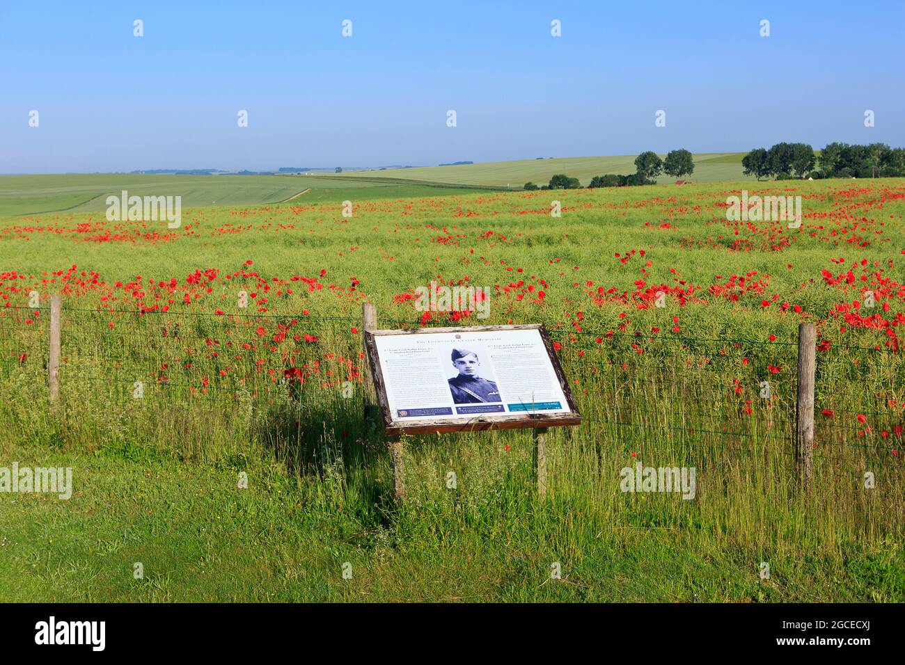 An explanatory sign about a soldier who fought during World War I at the Lochnagar Crater in Ovillers-la-Boisselle (Somme), France Stock Photo