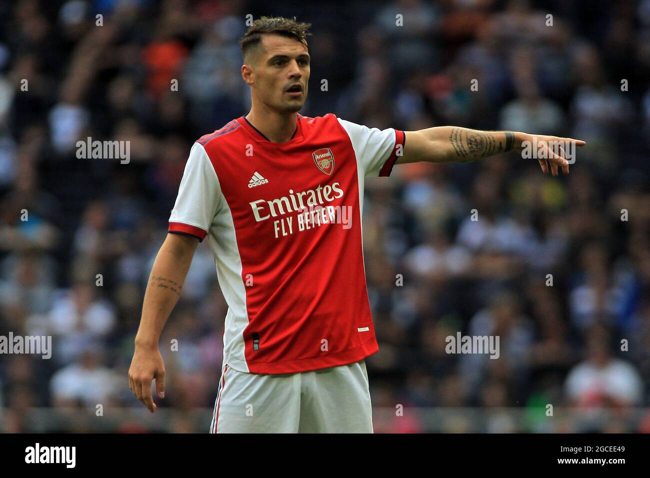 London, UK. 08th Aug, 2021. Granit Xhaka of Arsenal looks on. Pre-season friendly match, Tottenham Hotspur v Arsenal at the Tottenham Hotspur stadium in London on Sunday 8th August 2021. this image may only be used for Editorial purposes. Editorial use only, license required for commercial use. No use in betting, games or a single club/league/player publications. pic by Steffan Bowen/Andrew Orchard sports photography/Alamy Live news Credit: Andrew Orchard sports photography/Alamy Live News Stock Photo