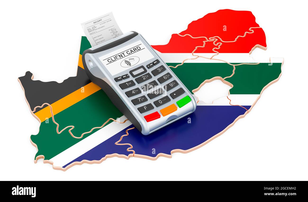 South African map with POS terminal. Cashless payments in South Africa