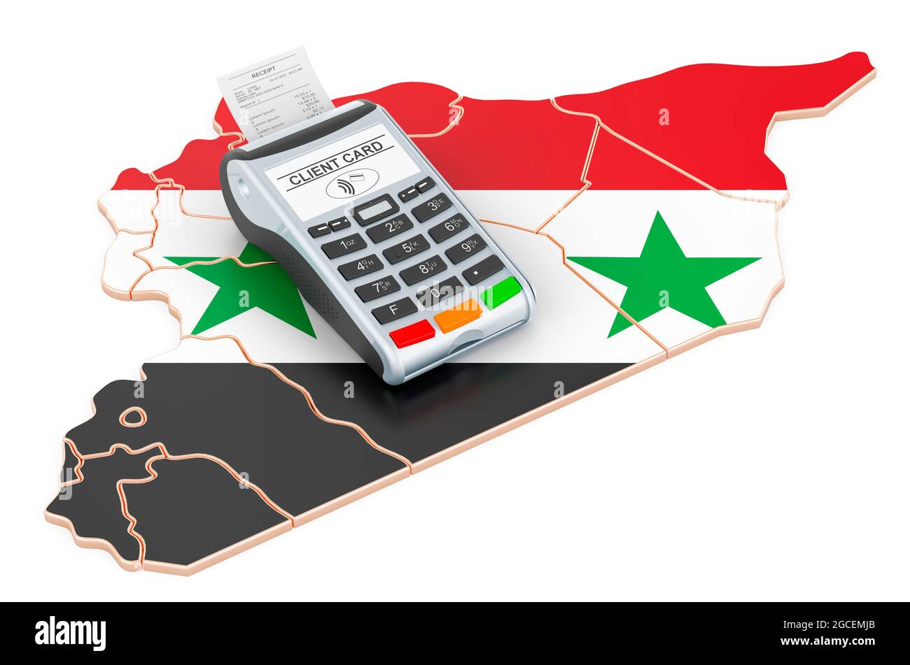 Syrian map with POS terminal. Cashless payments in Syria concept. 3D ...