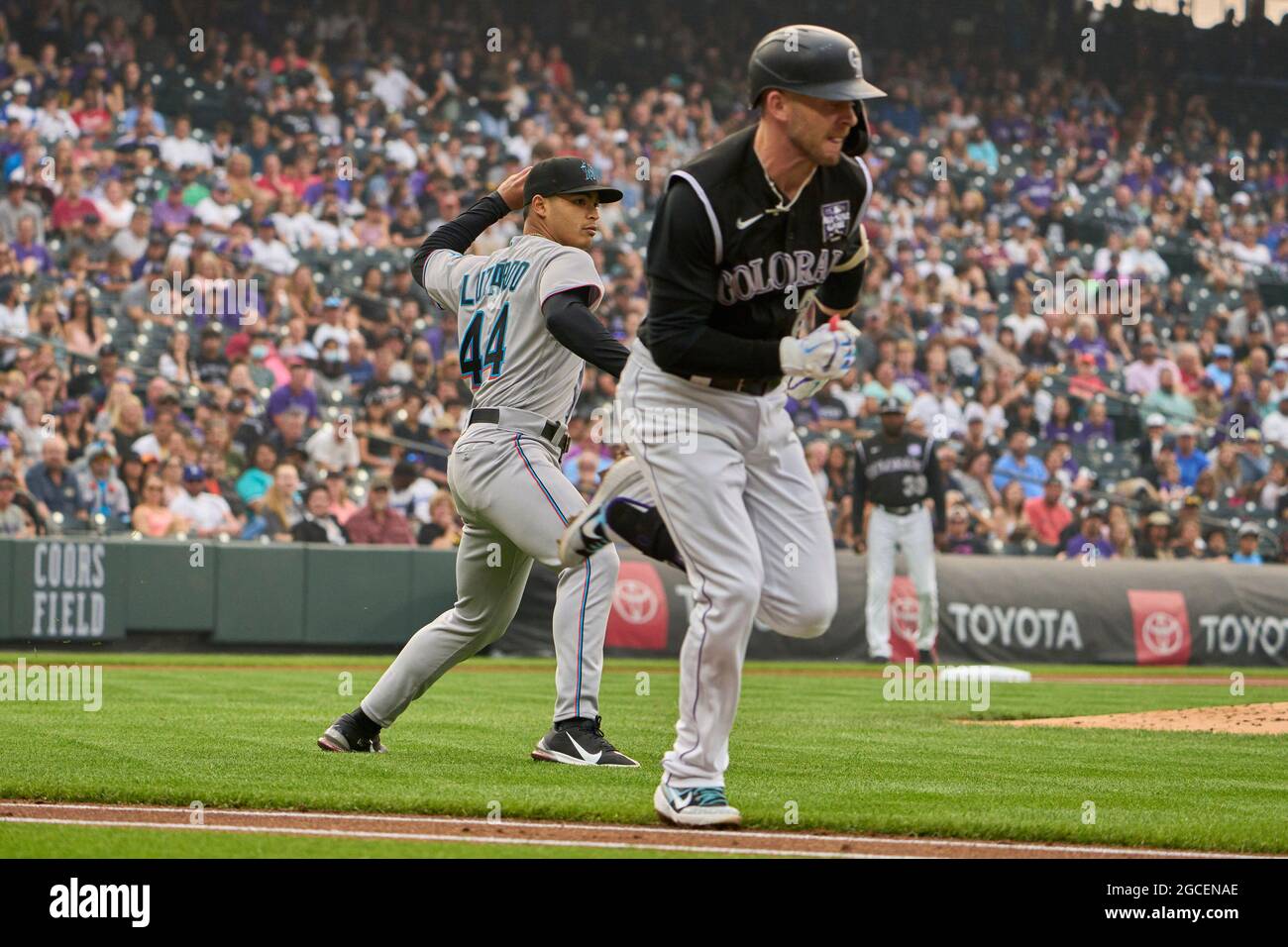 Denver, USA. August 7 2021: Miami left fielder Jorge Alfaro (38) gets a hit  during the game with the Colorado Rockies and Miami Marlins held at Coors  Field in Denver Co. David