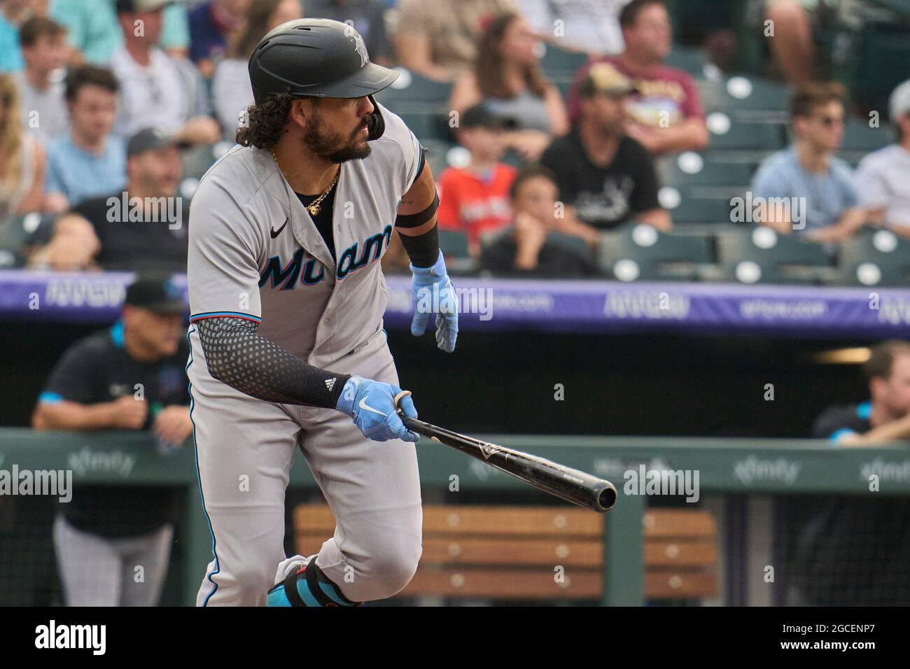 Denver, USA. August 7 2021: Miami left fielder Jorge Alfaro (38) gets a hit  during the game with the Colorado Rockies and Miami Marlins held at Coors  Field in Denver Co. David