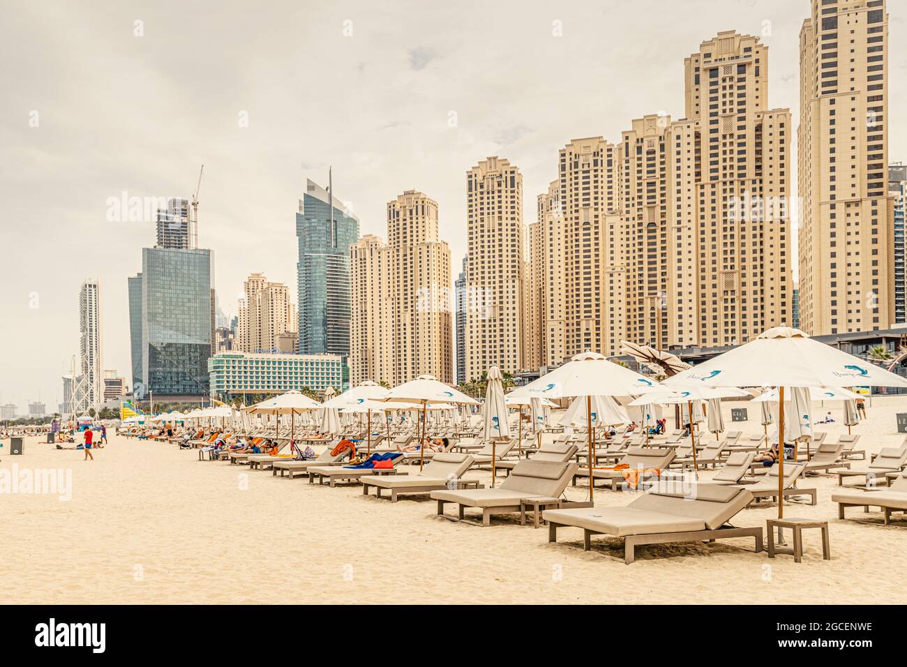 22 February 2021, Dubai, UAE Empty deckchairs with umbrellas and sun