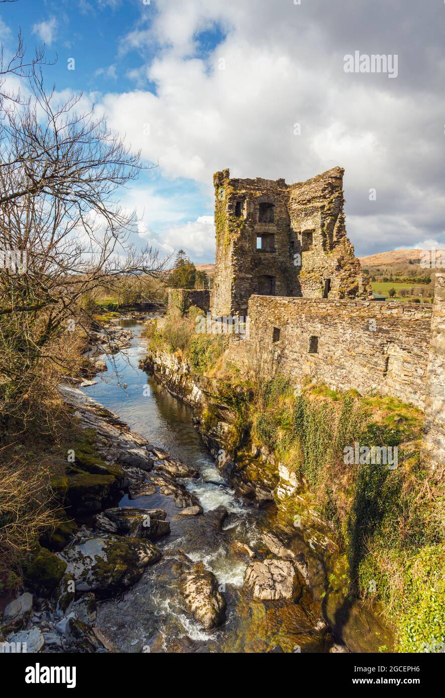 Carriganass Castle, near Kealkill, County Cork, Republic of Ireland. This type of structure is known as a tower house.  Tower houses evolved for both Stock Photo