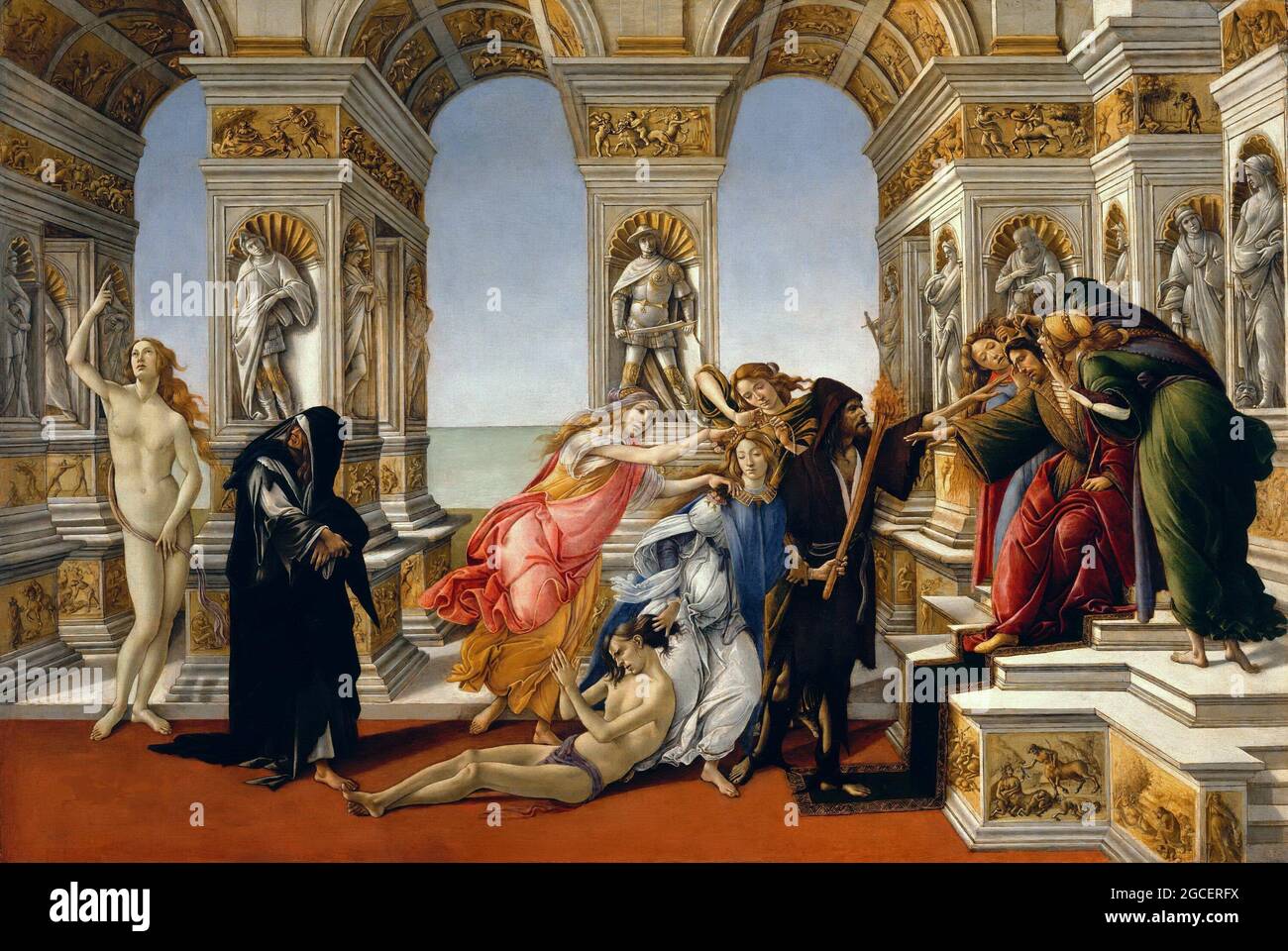 Title: Calumny of Apelles Creator: Sandro Botticelli Date: 1497-98 Medium: oil on panel Dimension: 62x91 cms Location: Galleria degli Uffizi, Florence, Tuscany, Italy Stock Photo