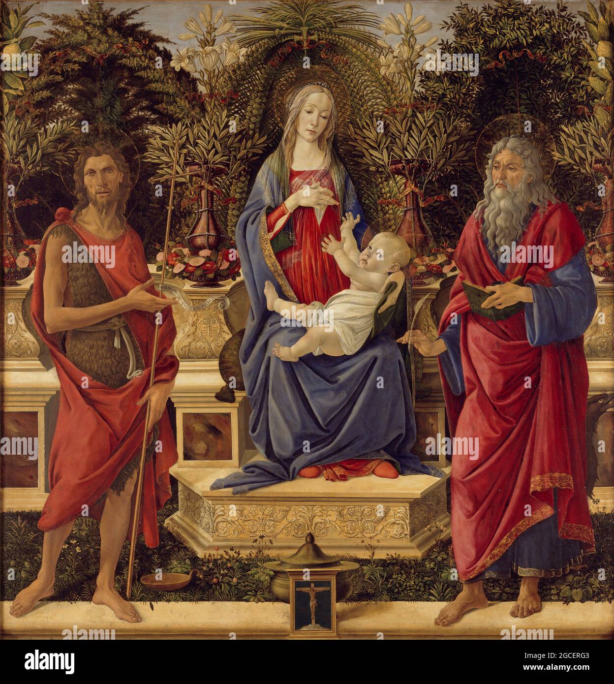 Title: Enthroned Maria with Child with John the Baptist and John the Evangelist Creator: Sandro Botticelli Date: 1484-1485 Location: Gemaldegalerie, Staatliche Museen zu Berlin, Germany Stock Photo