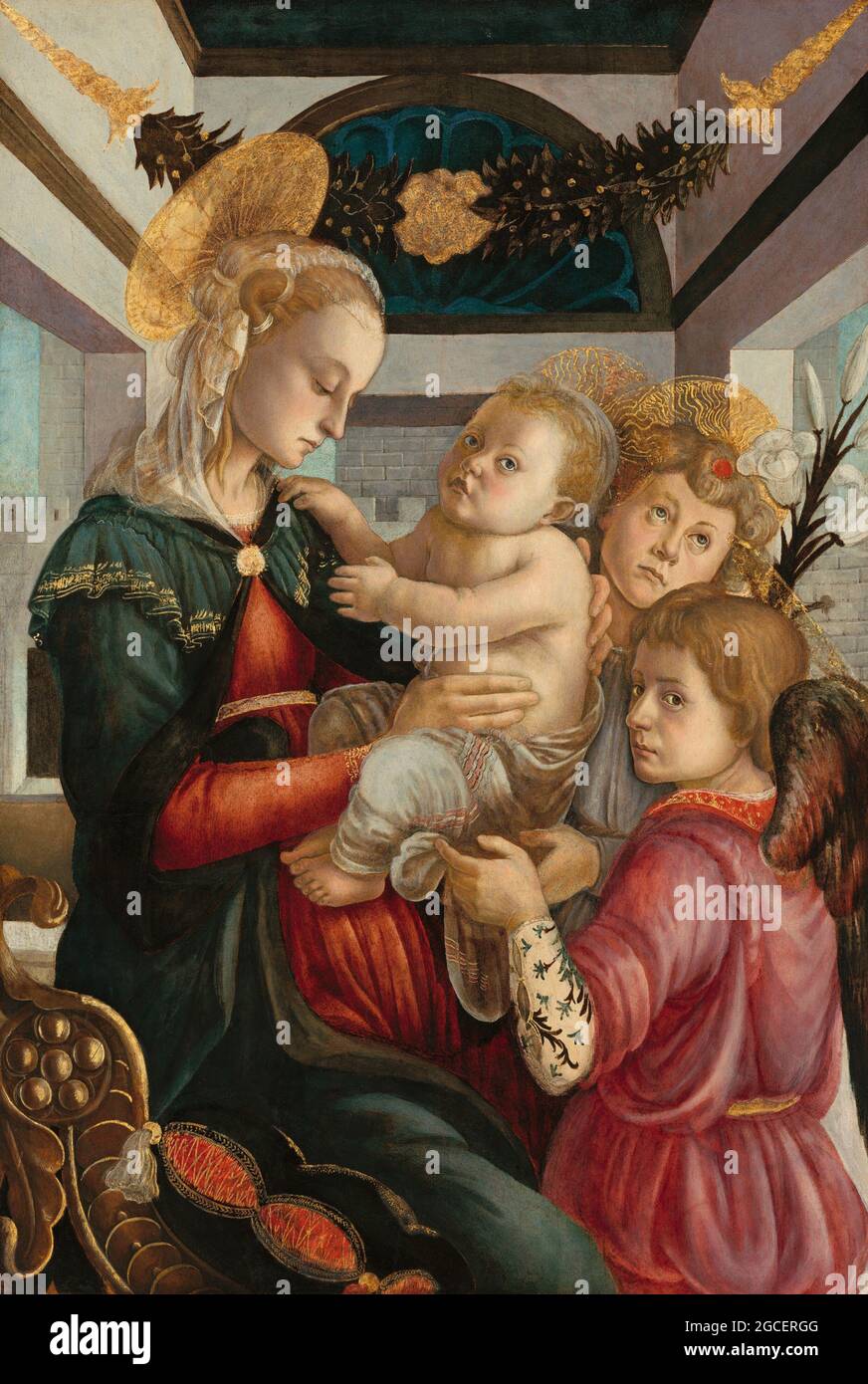 Title: Madonna and Child with Angels Creator: Sandro Botticelli Date: 1465/1470 Medium: oil and tempera on poplar panel Dimension: 86.7 x 57.8 cm Location: The National Gallery Stock Photo