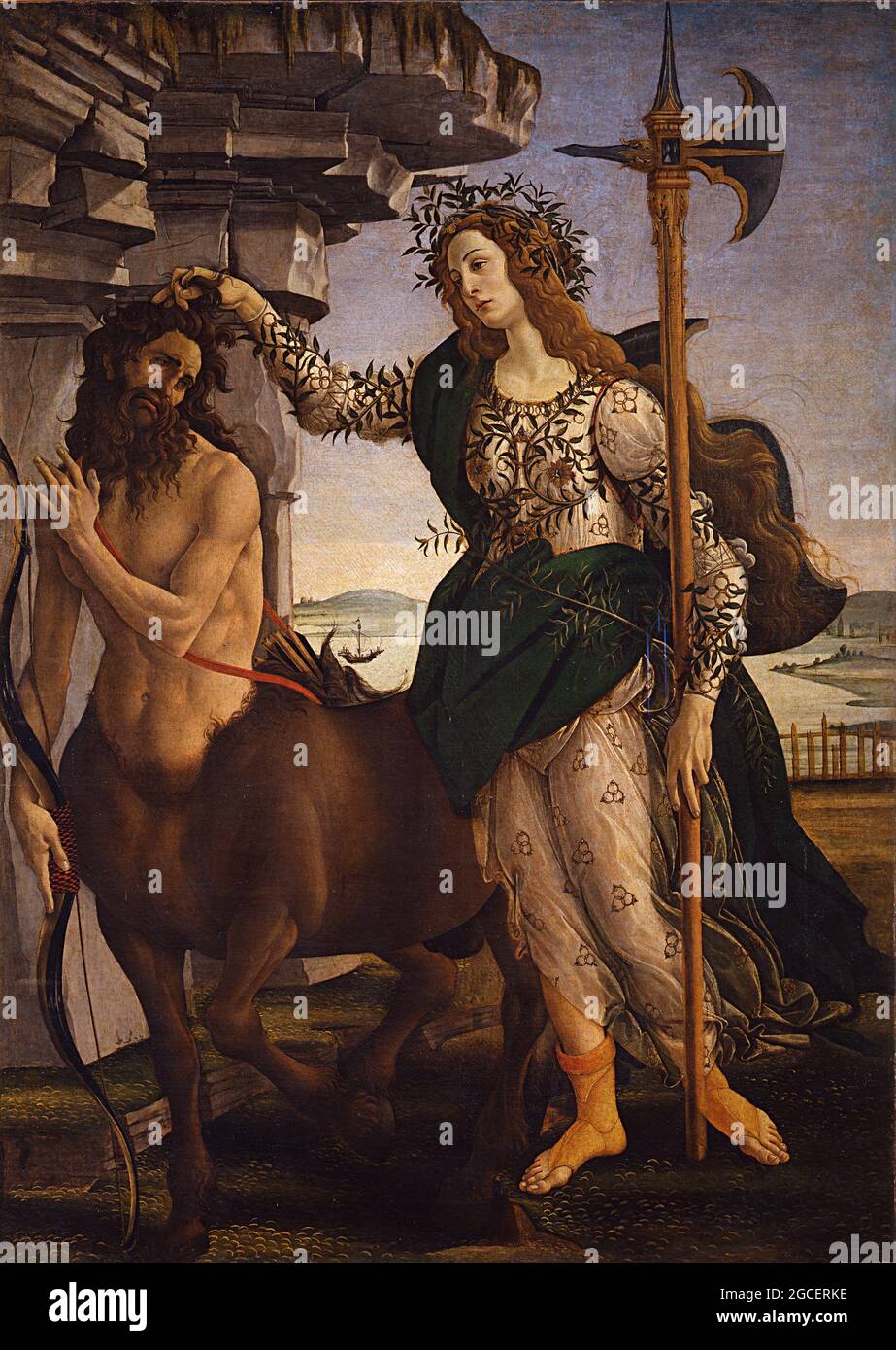 Title: Pallas and the Centaur Creator: Sandro Botticelli Date: c.1480 Medium: tempera on panel  Dimension: 207 x 148 cm Location: Galleria degli Uffizi, Florence, Stock Photo
