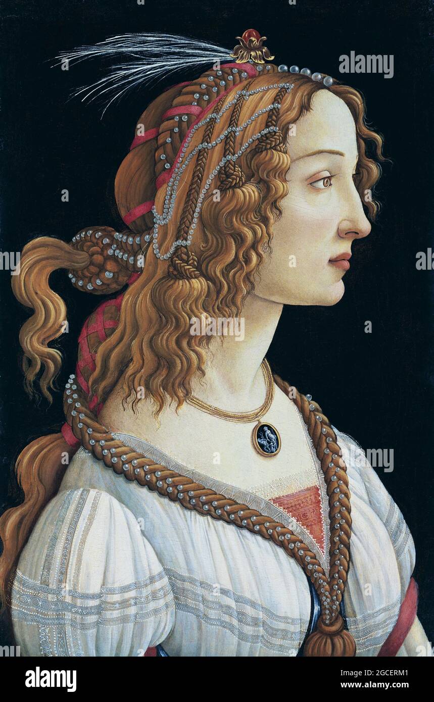 Title: Portrait of Simonetta Vespucci as a Nymph Creator: Sandro Botticelli Date: 1485 Medium: tempera on panel Location: Stadelsches Kunstinstitut Stock Photo