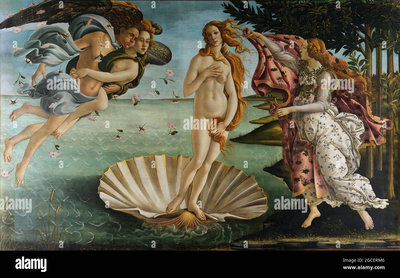 Title: The Birth of Venus Creator: Sandro Botticelli Date: c.1485 Medium: Tempera on canvas Dimension: 172.5 x 278.5 cm Location: Galleria degli Uffizi, Florence Stock Photo