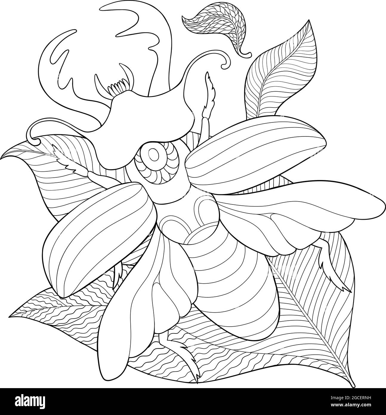 Alternative Beauty Collection - Stag Beetle. Stag beetle coloring book, black and white drawing Stock Vector