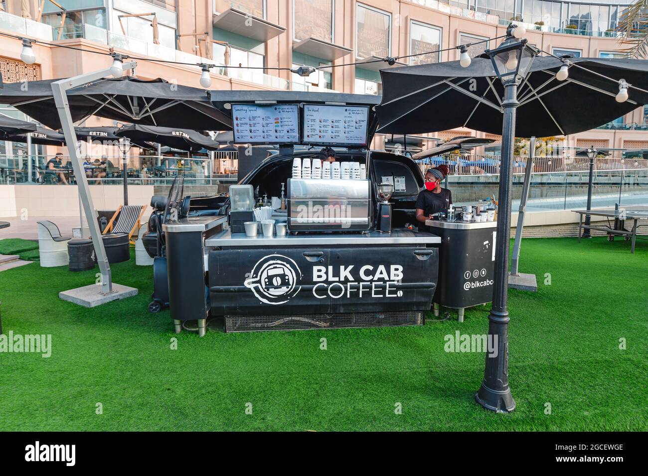 23 February 2021, Dubai, UAE: Blk coffee shop is a modern mobile cafe with beverage and street food Stock Photo