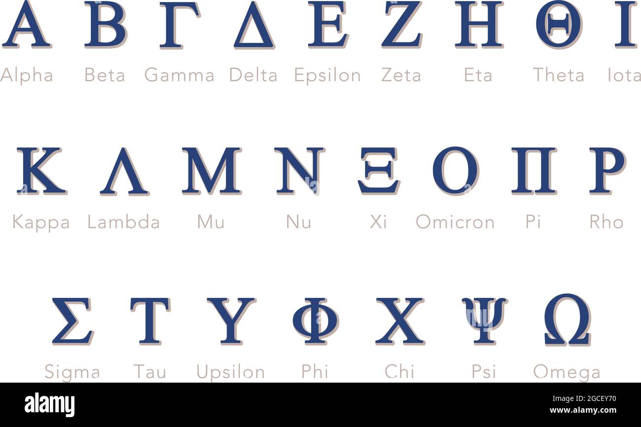 Greek alphabet letters or symbols with names in vector set Stock Vector