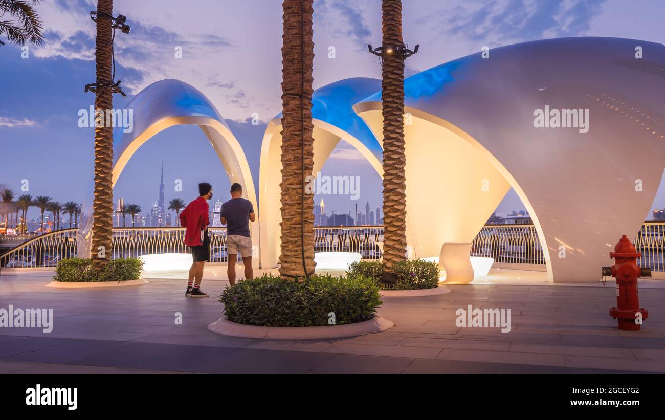 White shell arch with pearls in the new Dubai Creek Marina Harbor