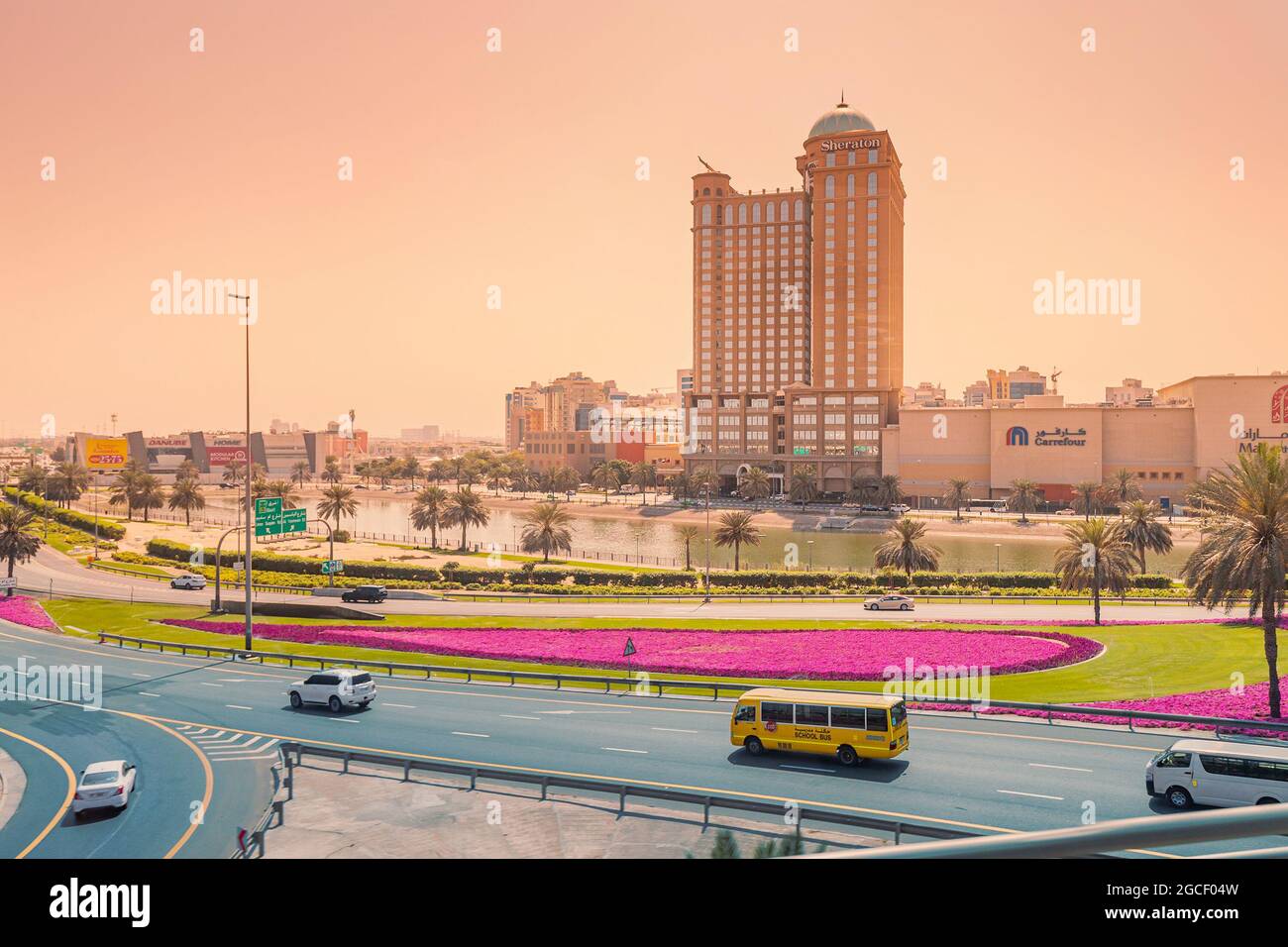24 February 2021, Dubai, UAE Sheraton hotel and busy road with traffic