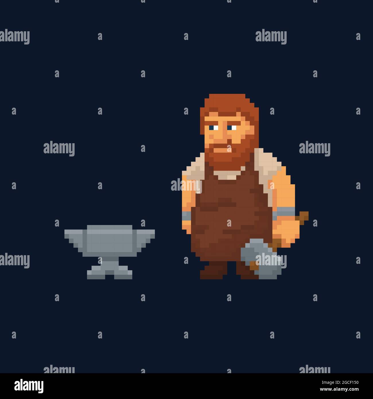 Pixel art character - blacksmith with hammer and anvil Stock Vector