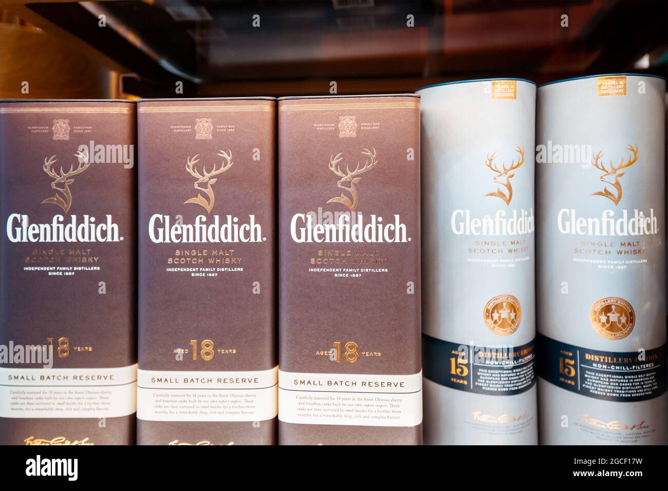 26 February 2021, Dubai, UAE: Glenfiddich the famous Scotch whisky is sold in Dubai duty free Stock Photo