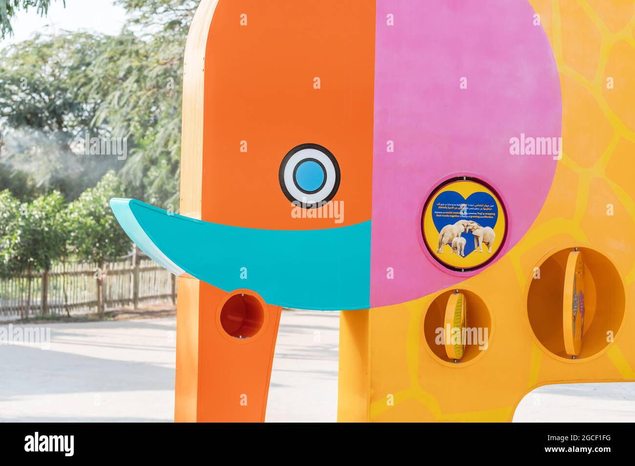 23 February 2021, Dubai, UAE Elephant statue with information about