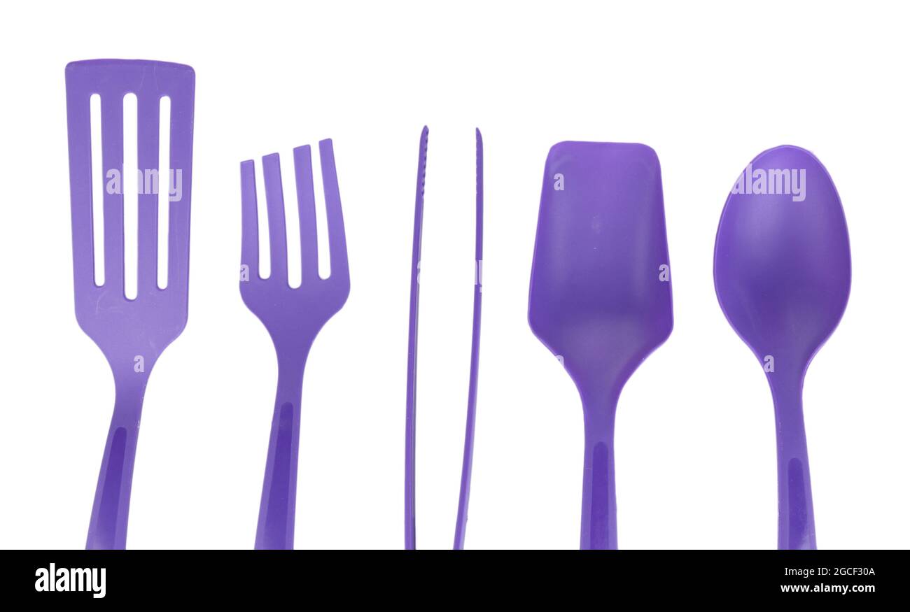 Plastic kitchen utensils isolated on white Stock Photo Alamy