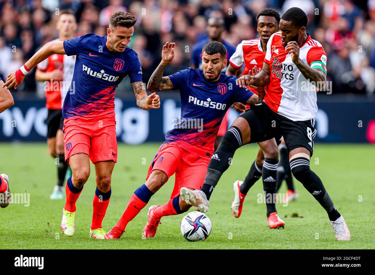 ROTTERDAM, NETHERLANDS - AUGUST 8: Hector Herrera of Atletico Madrid, Angel Correa of Atletico Madrid, Leroy Fer of Feyenoord during the Preseason Friendly Match match between Feyenoord and Atletico Madrid at De Kuip on August 8, 2021 in Rotterdam, Netherlands (Photo by Herman Dingler/Orange Pictures) Stock Photo