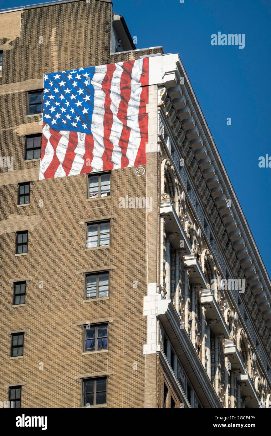 American flag painted atop the Herald Towers apartment building, New