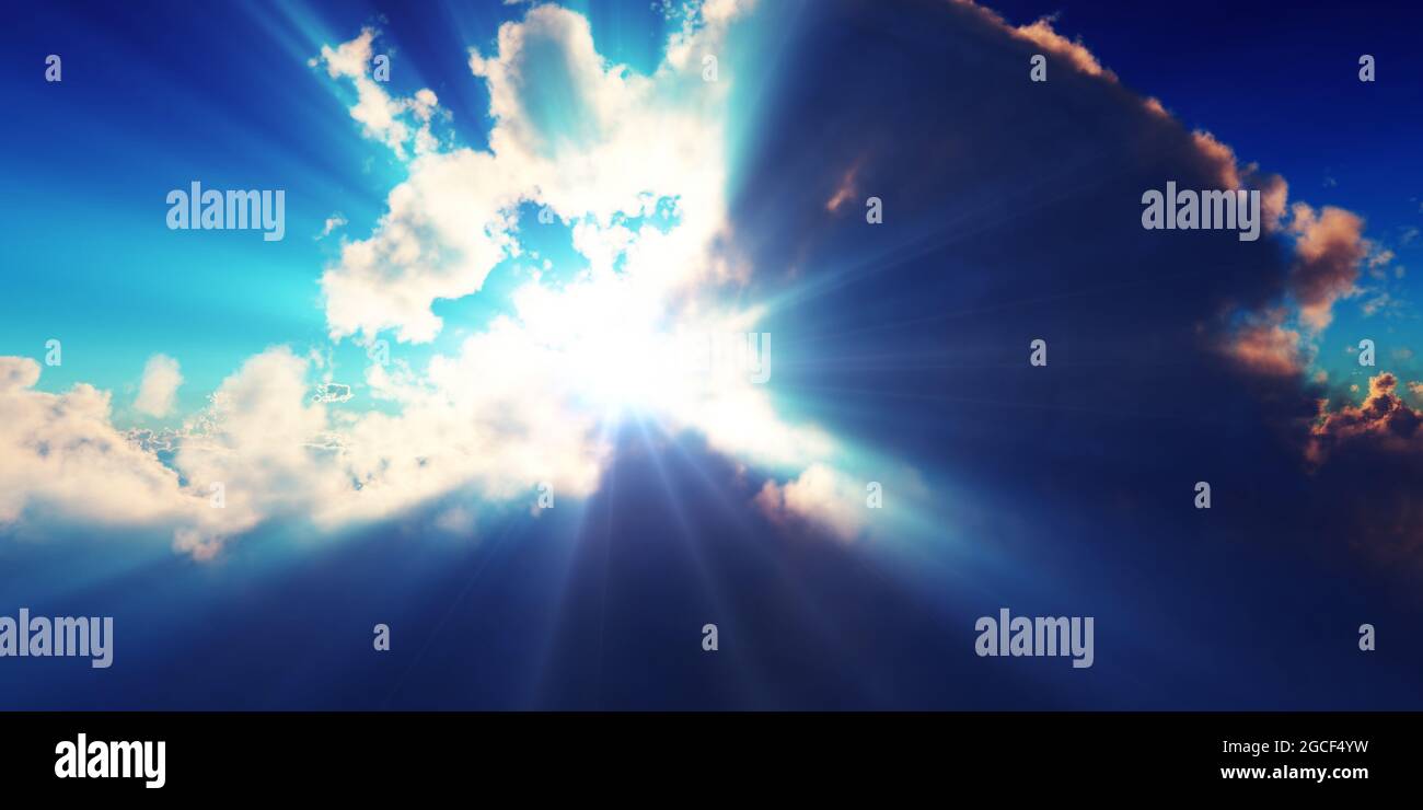 Sun Rays Render above clouds sun ray sunset. 3d render illustration Stock Photo - Alamy